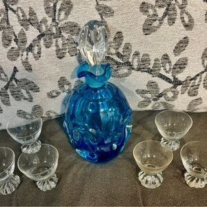 Aseda Glass Decanter Bo Bergenson Sweden Vintage 1960s with Stopper & Glasses